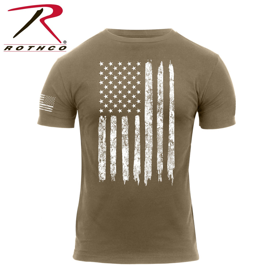 Rothco Distressed US Flag Athletic Fit T-Shirt Coyote Brown Size S - Get Tight Gear