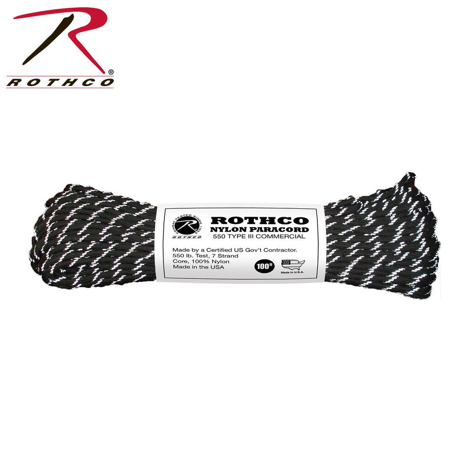Rothco Nylon Paracord Type III 550 LB Black / Reflective Size 100' - Get Tight Gear