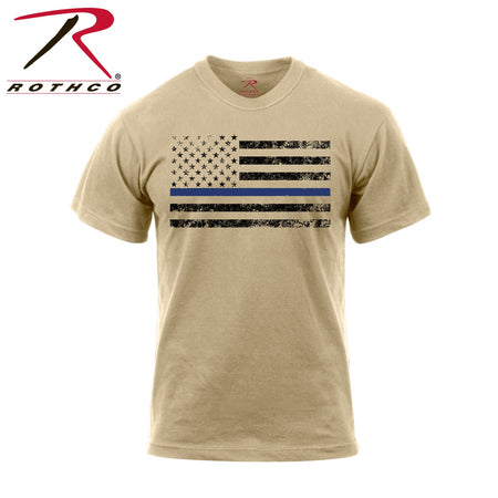 Rothco Thin Blue Line T-Shirt Desert Sand w/ Black Flag Size S - Get Tight Gear