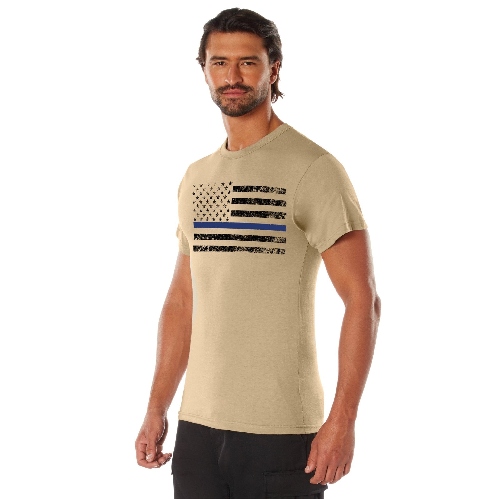 Rothco Thin Blue Line T-Shirt Desert Sand w/ Black Flag Size S - Get Tight Gear