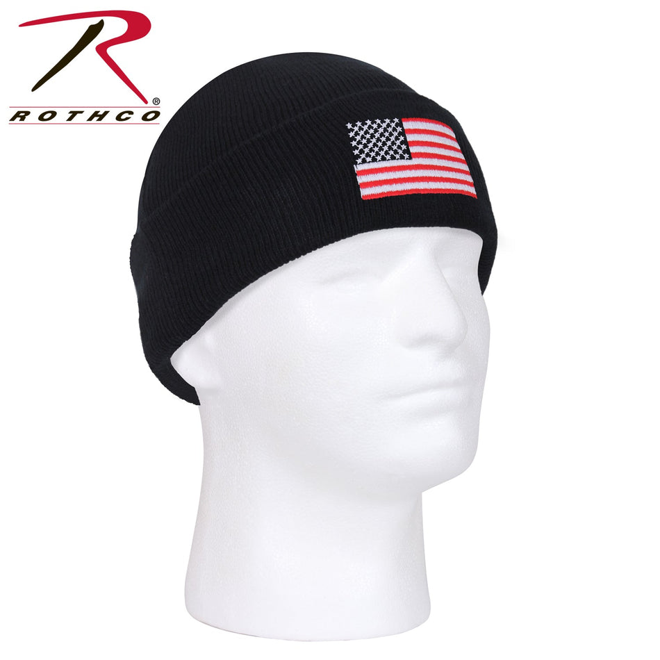 Rothco US Flag Embroidered Fine Knit Watch Cap Black Size One Size - Get Tight Gear