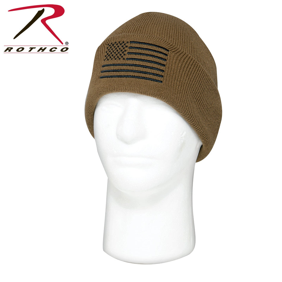 Rothco US Flag Embroidered Fine Knit Watch Cap Coyote Brown - Get Tight Gear