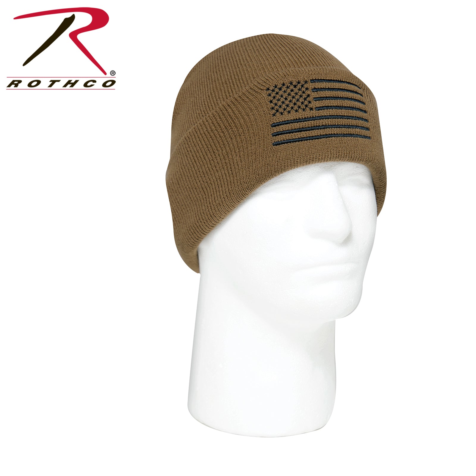 Rothco US Flag Embroidered Fine Knit Watch Cap Coyote Brown - Get Tight Gear
