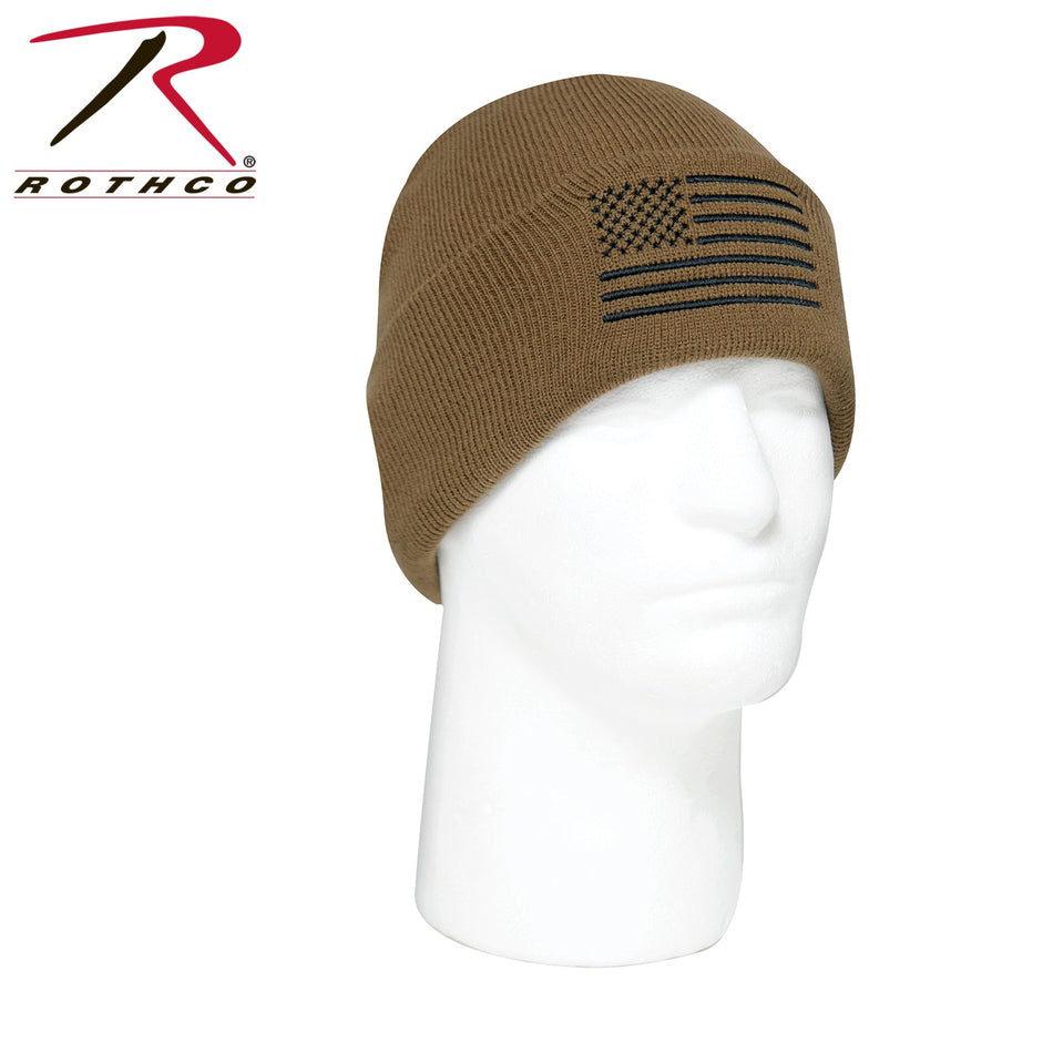 Rothco US Flag Embroidered Fine Knit Watch Cap Coyote Brown - Get Tight Gear