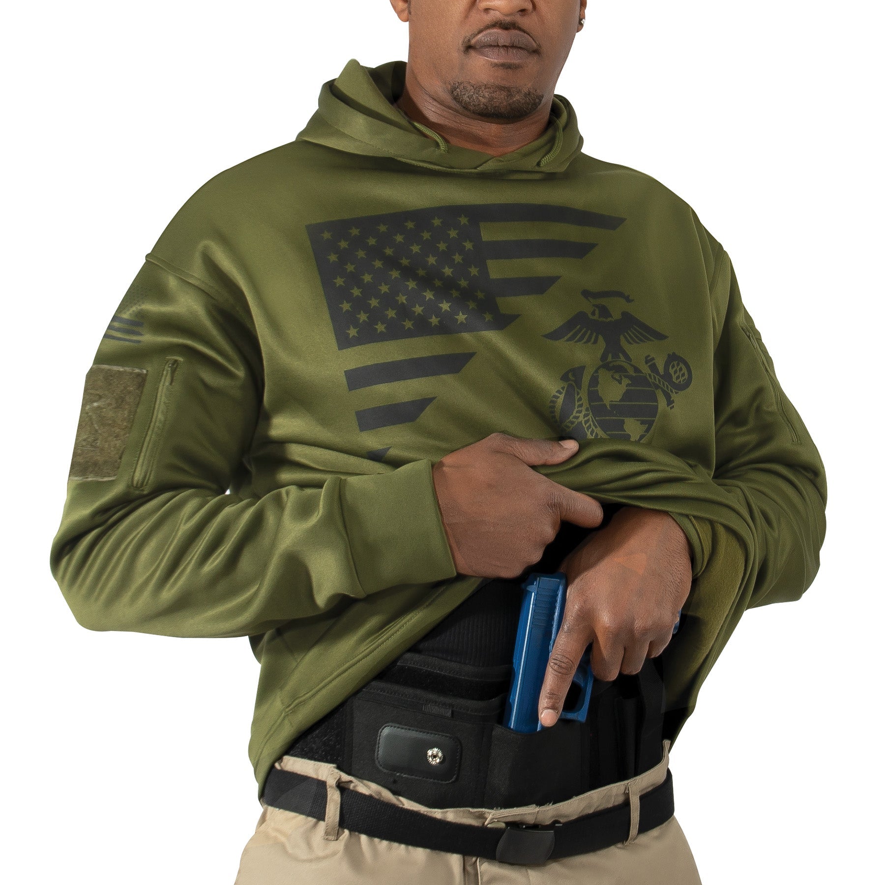 Rothco US Flag / USMC Eagle, Globe, & Anchor Concealed Carry Hoodie Olive Drab Size 3XL - Get Tight Gear