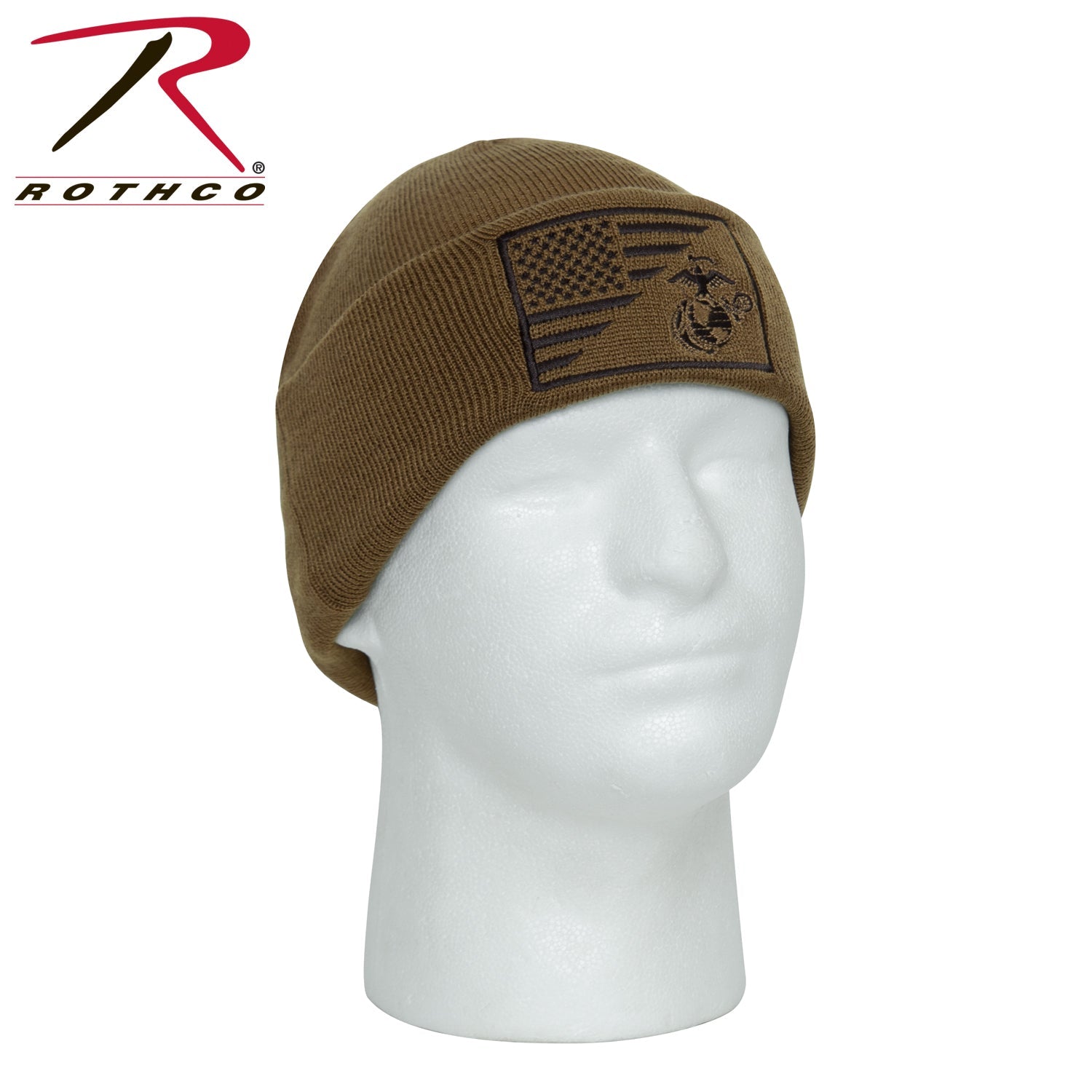 Rothco USMC Eagle, Globe and Anchor / US Flag Deluxe Fine Knit Watch Cap Coyote Brown Size One Size - Get Tight Gear