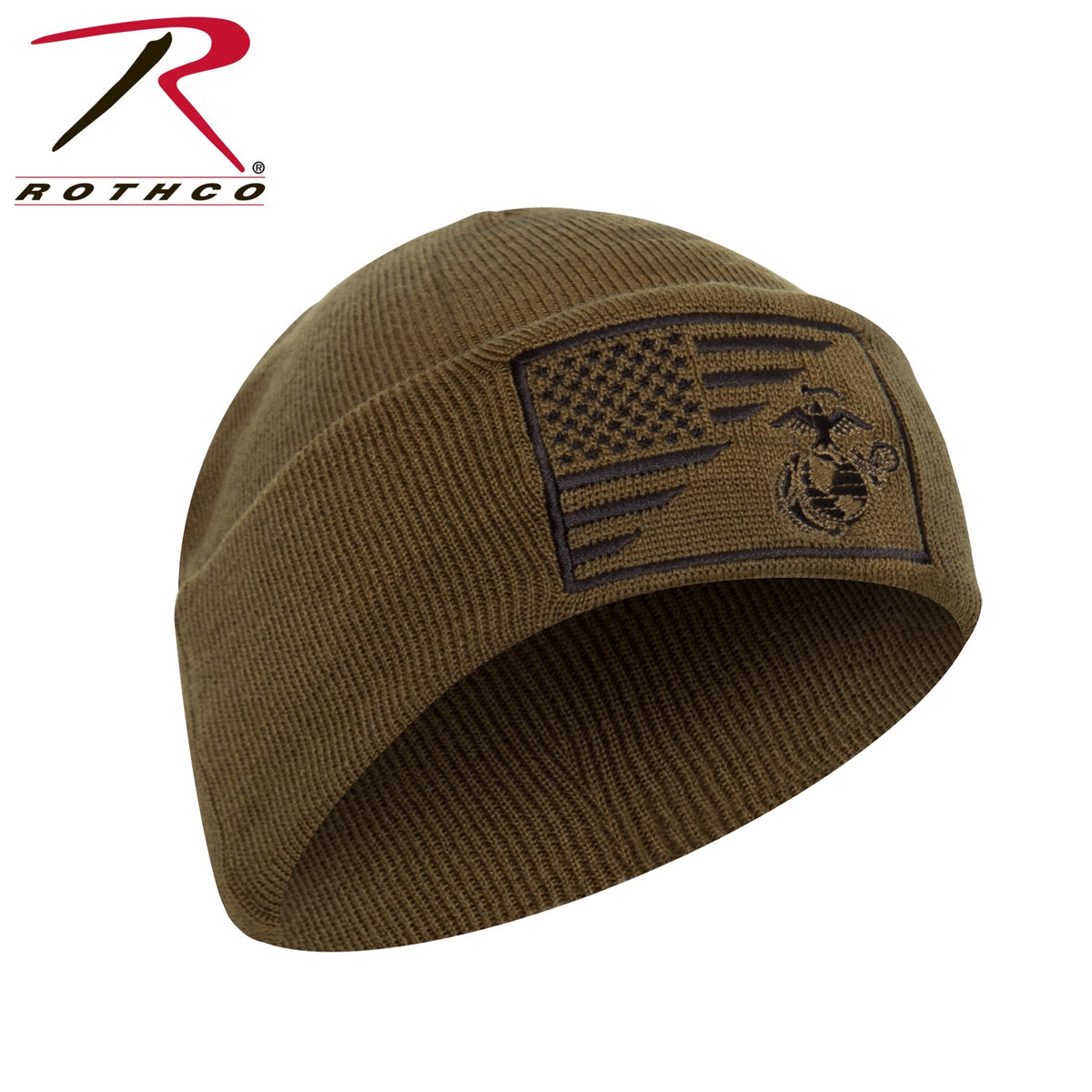 Rothco USMC Eagle, Globe and Anchor / US Flag Deluxe Fine Knit Watch Cap Coyote Brown Size One Size - Get Tight Gear