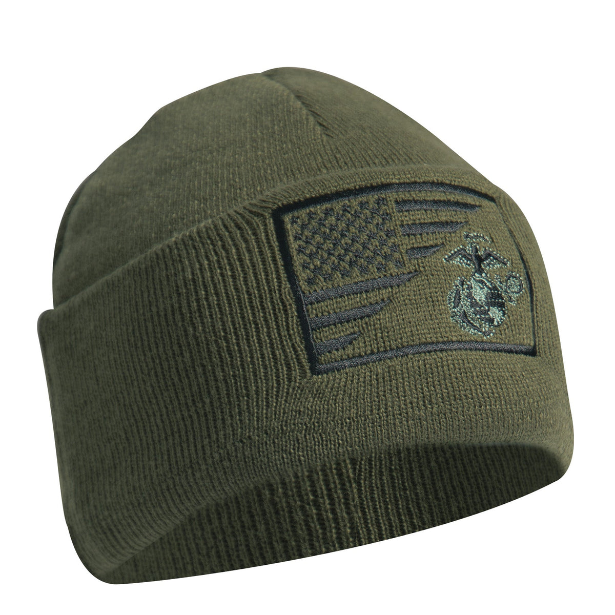 Rothco USMC Eagle, Globe and Anchor / US Flag Deluxe Fine Knit Watch Cap Olive Drab Size One Size - Get Tight Gear