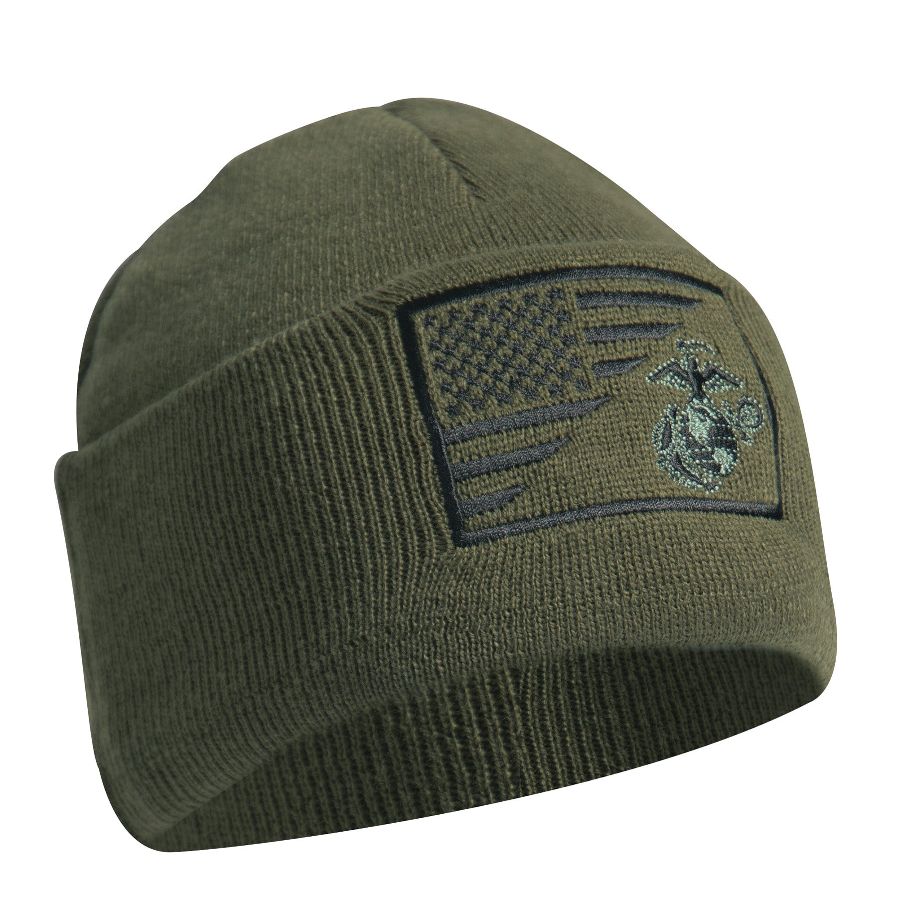 Rothco USMC Eagle, Globe and Anchor / US Flag Deluxe Fine Knit Watch Cap Olive Drab Size One Size - Get Tight Gear