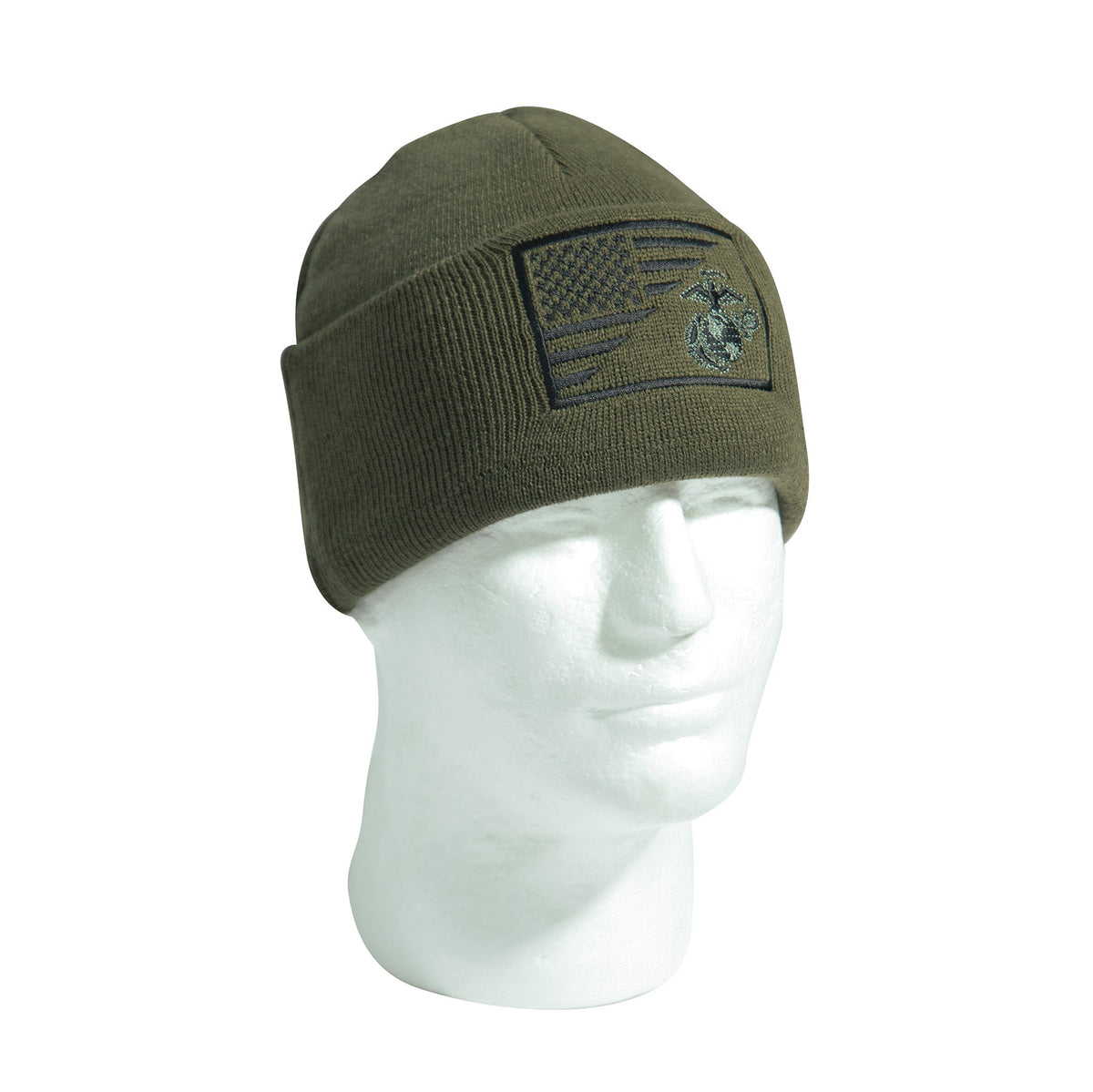 Rothco USMC Eagle, Globe and Anchor / US Flag Deluxe Fine Knit Watch Cap Olive Drab Size One Size - Get Tight Gear