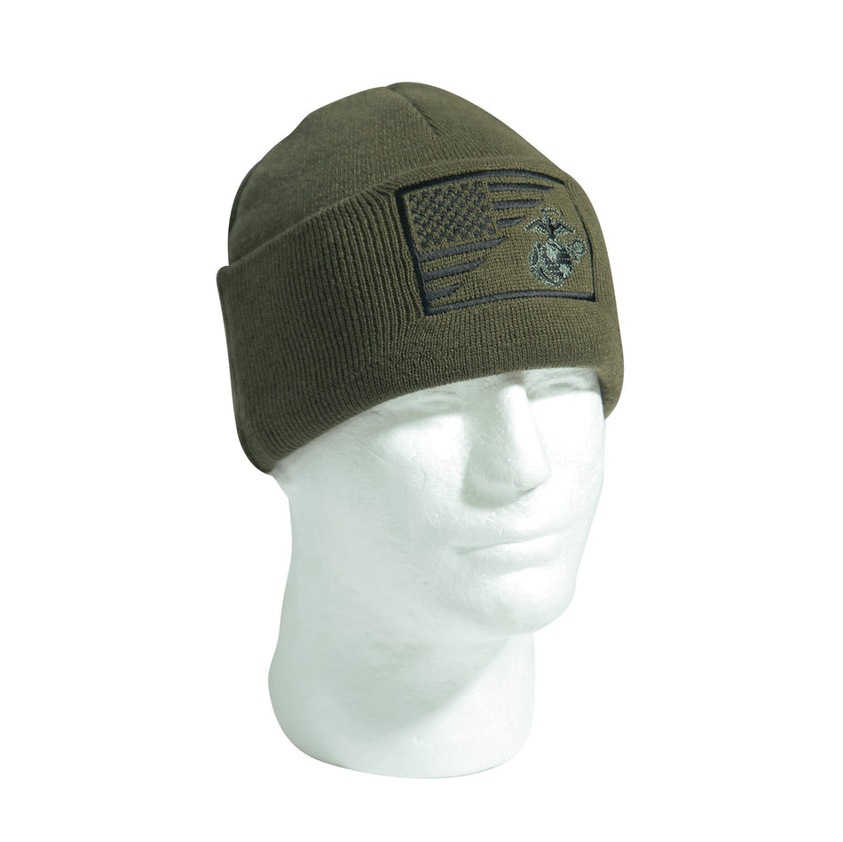 Rothco USMC Eagle, Globe and Anchor / US Flag Deluxe Fine Knit Watch Cap Olive Drab Size One Size - Get Tight Gear