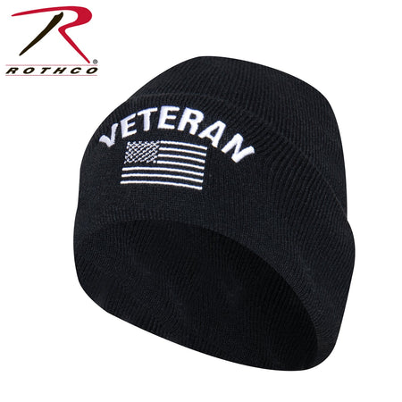 Rothco Veteran With US Flag Fine Knit Watch Cap - Black Black Size One Size - Get Tight Gear