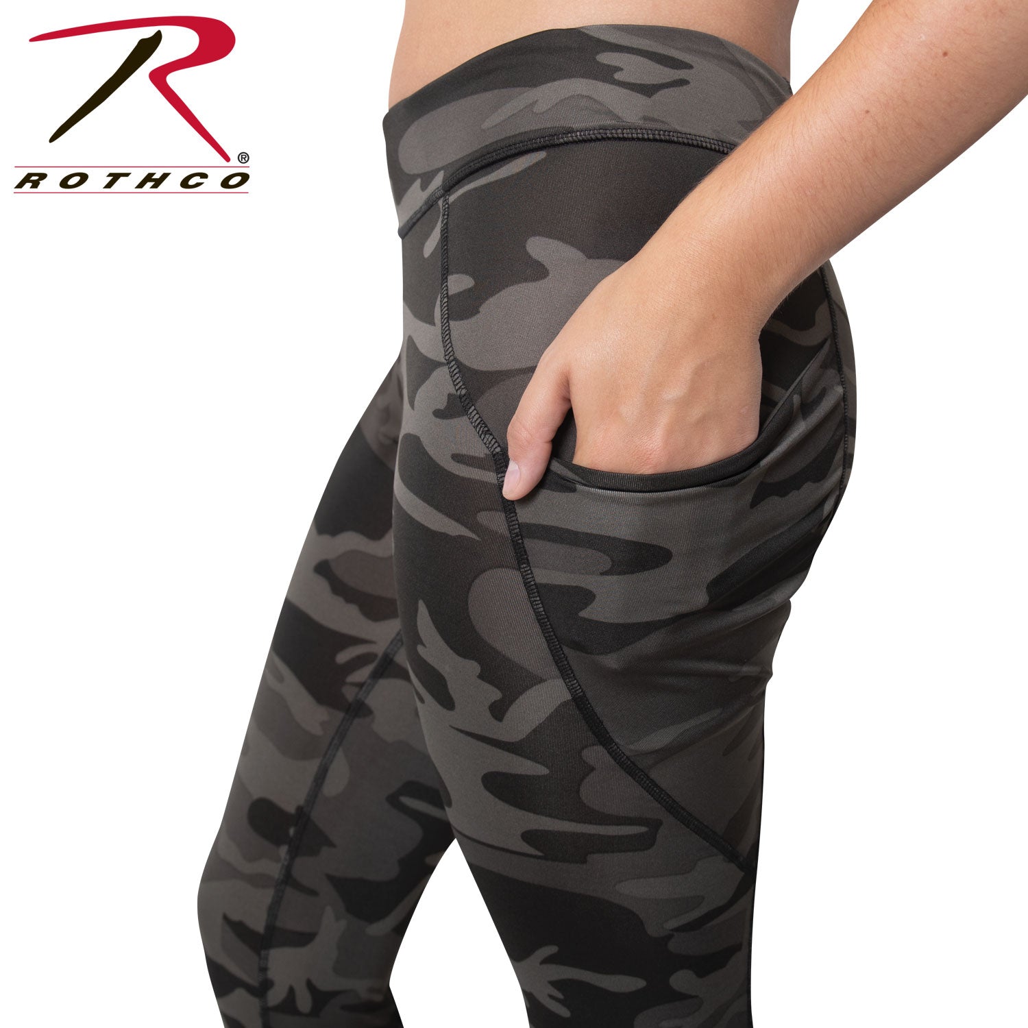 Rothco Womens Workout Performance Camo Leggings With Pockets Black Camo Size L - Get Tight Gear