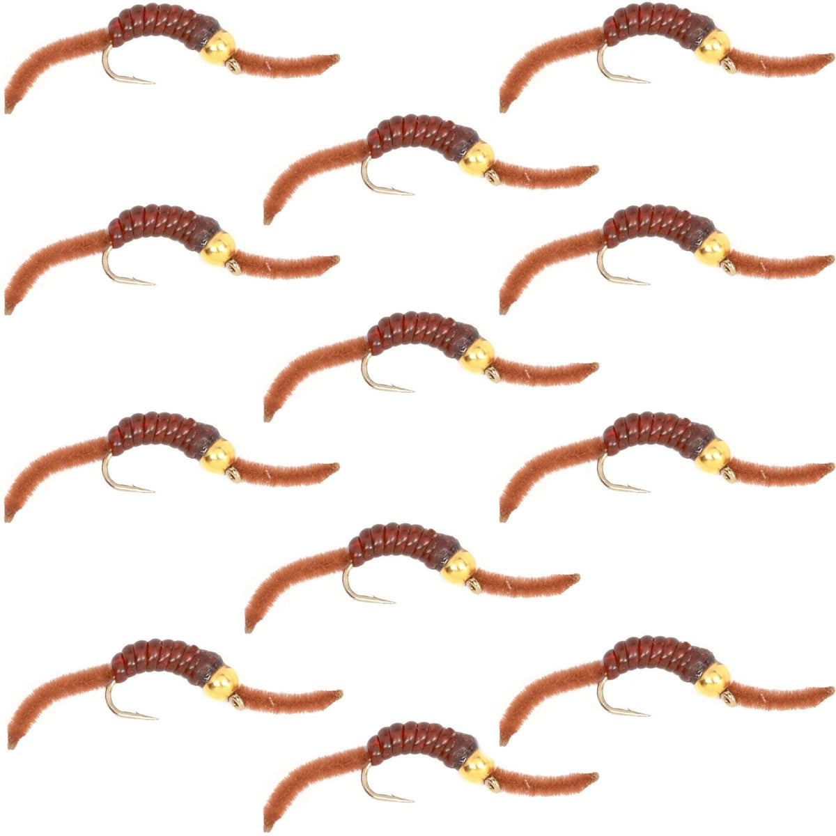San Juan Bead Head Power Worm Brown V - Rib - 1 Dozen Hook Size 10 - Get Tight Gear