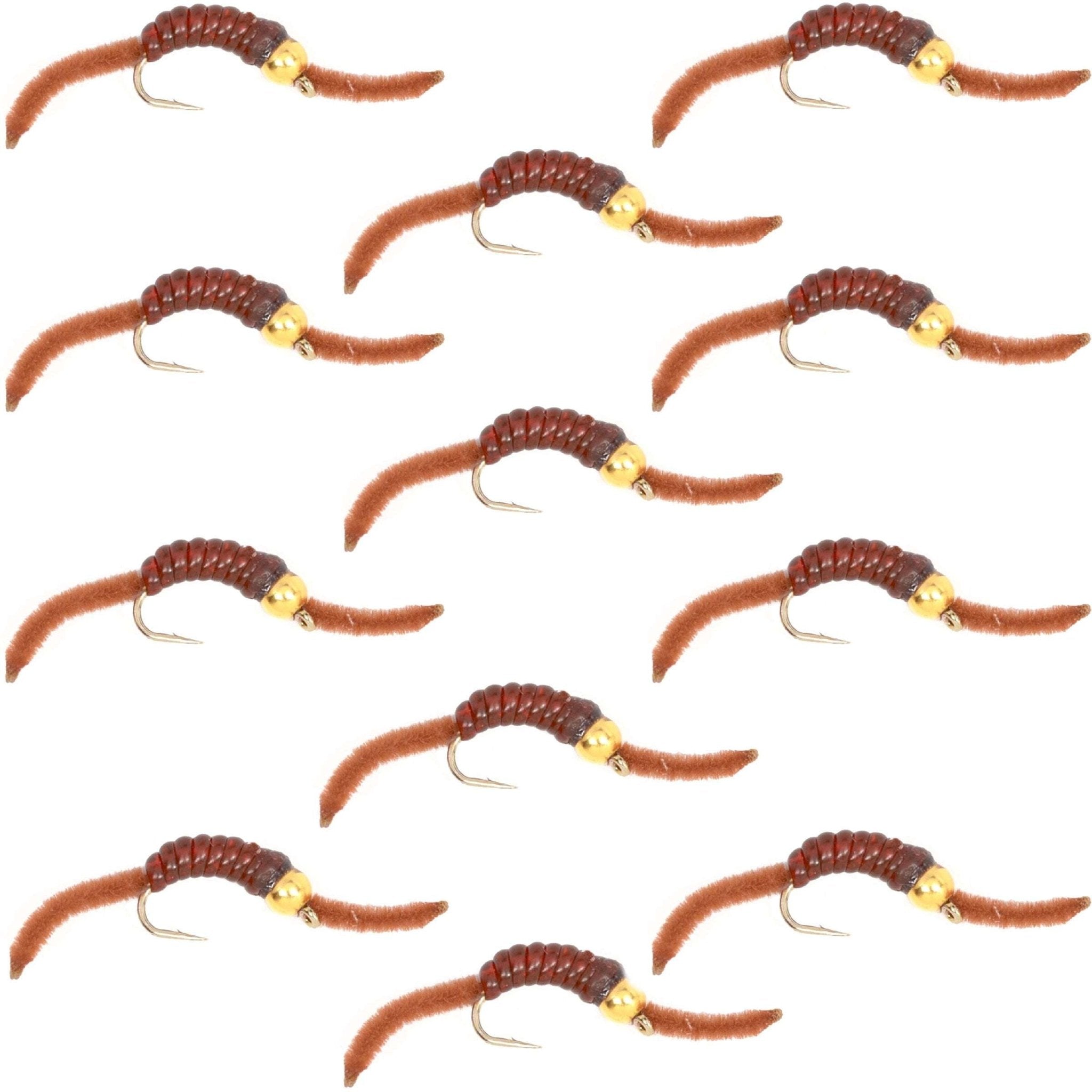 San Juan Bead Head Power Worm Brown V - Rib - 1 Dozen Hook Size 10 - Get Tight Gear