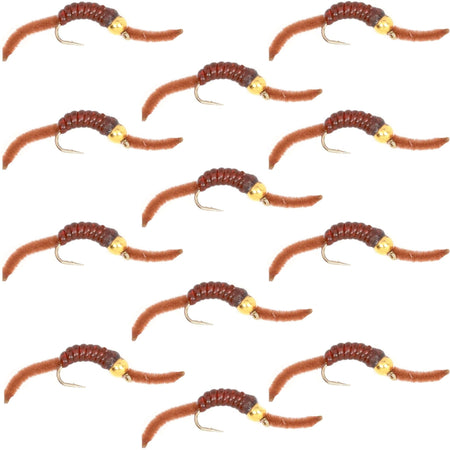 San Juan Bead Head Power Worm Brown V - Rib - 1 Dozen Hook Size 10 - Get Tight Gear