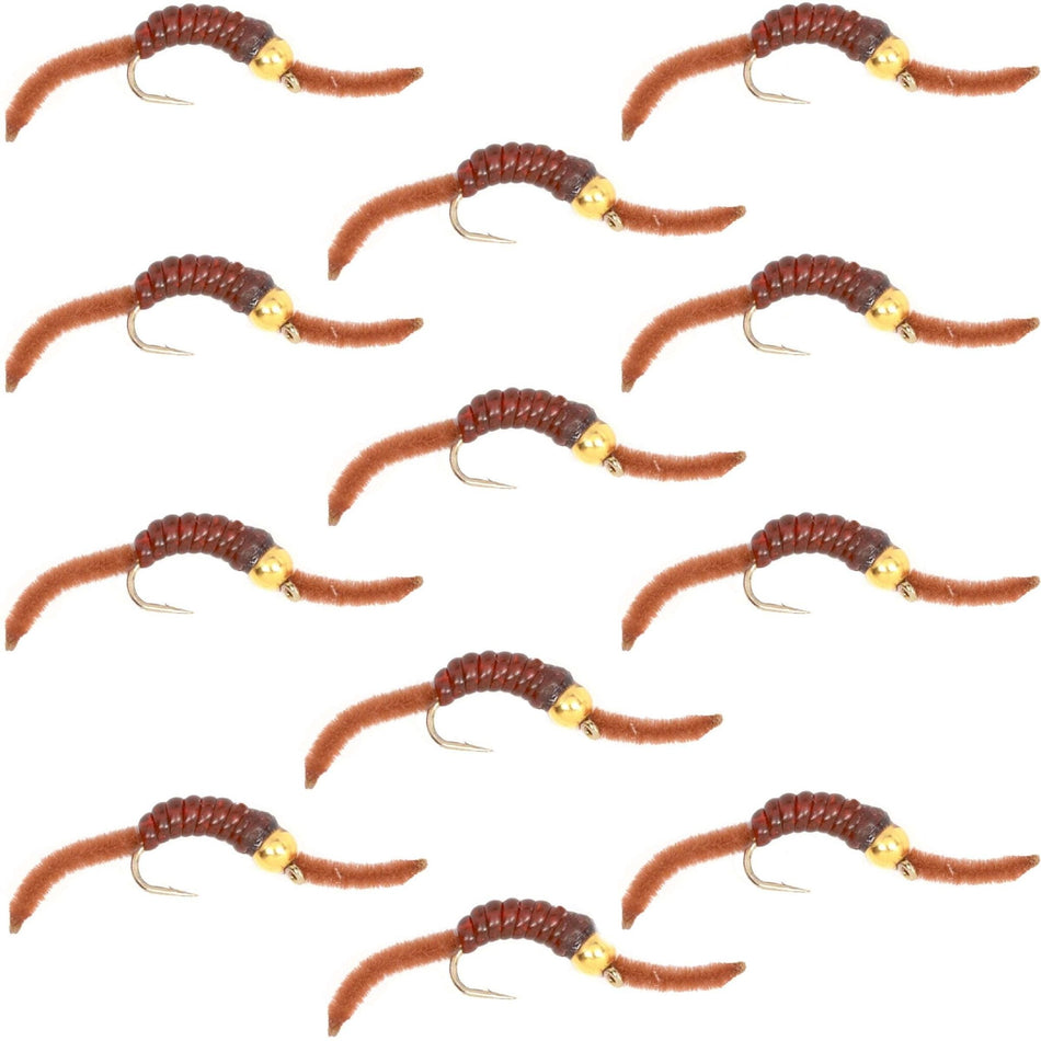 San Juan Bead Head Power Worm Brown V - Rib - 1 Dozen Hook Size 10 - Get Tight Gear