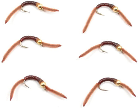 San Juan Bead Head Power Worm Brown V - Rib - 6 Flies Hook Size 10 - Get Tight Gear