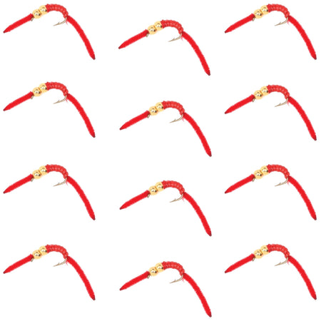 San Juan Double Bead Power Worm Red V - Rib - 1 Dozen Nymph Flies Hook Size 12 - Get Tight Gear