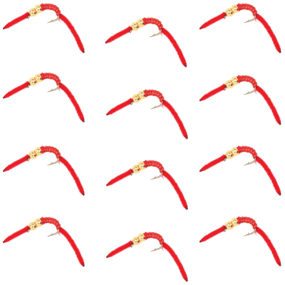 San Juan Double Bead Power Worm Red V - Rib - 1 Dozen Nymph Flies Hook Size 12 - Get Tight Gear