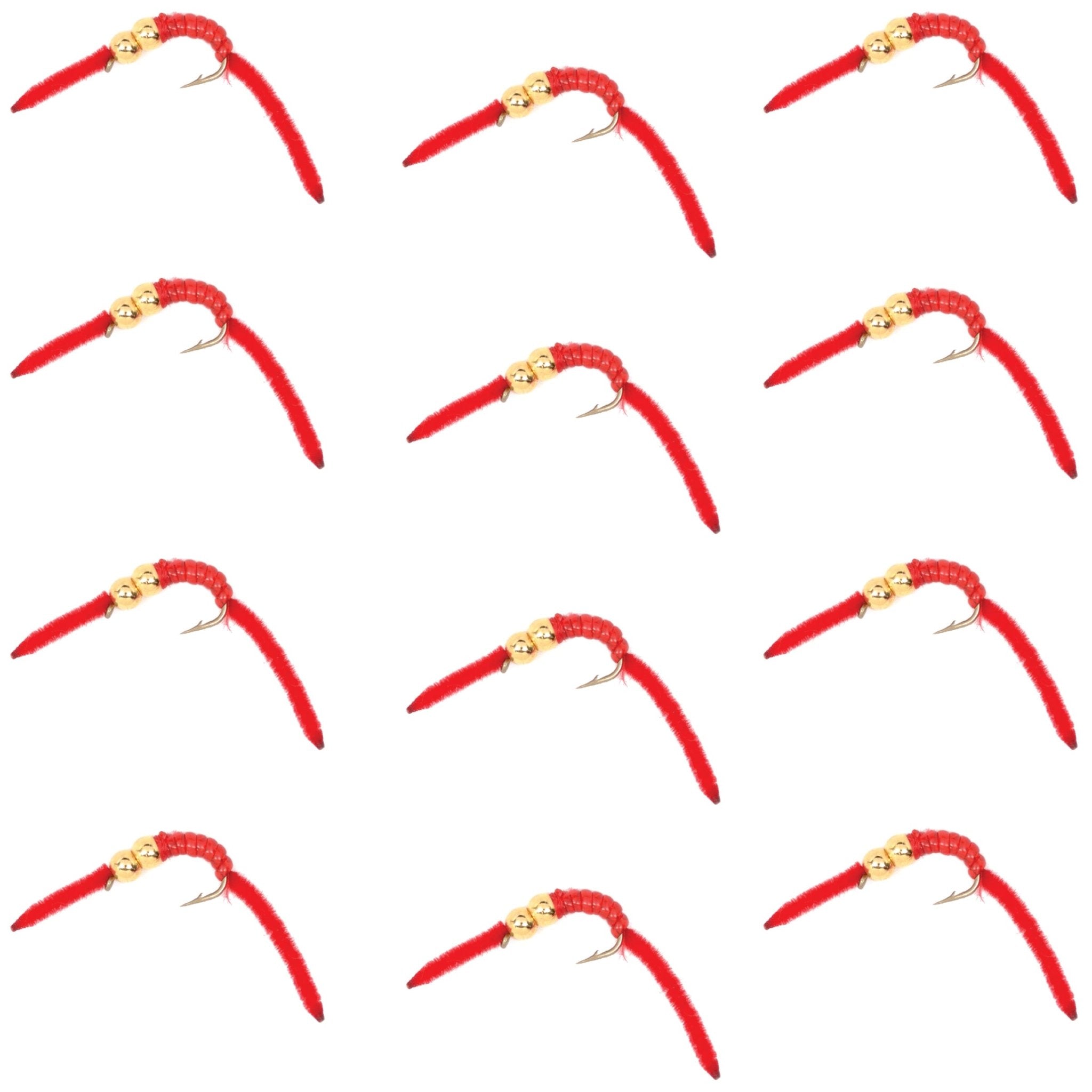San Juan Double Bead Power Worm Red V - Rib - 1 Dozen Nymph Flies Hook Size 14 - Get Tight Gear