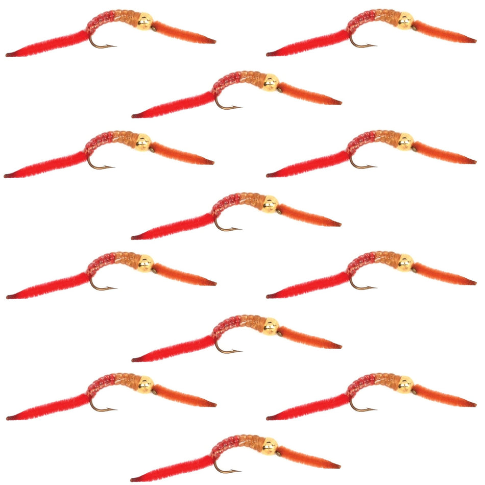 San Juan Worm Bead Head Power Worm Half and Half V - Rib - 1 Dozen Nymph Flies Hook Size 14 - Get Tight Gear