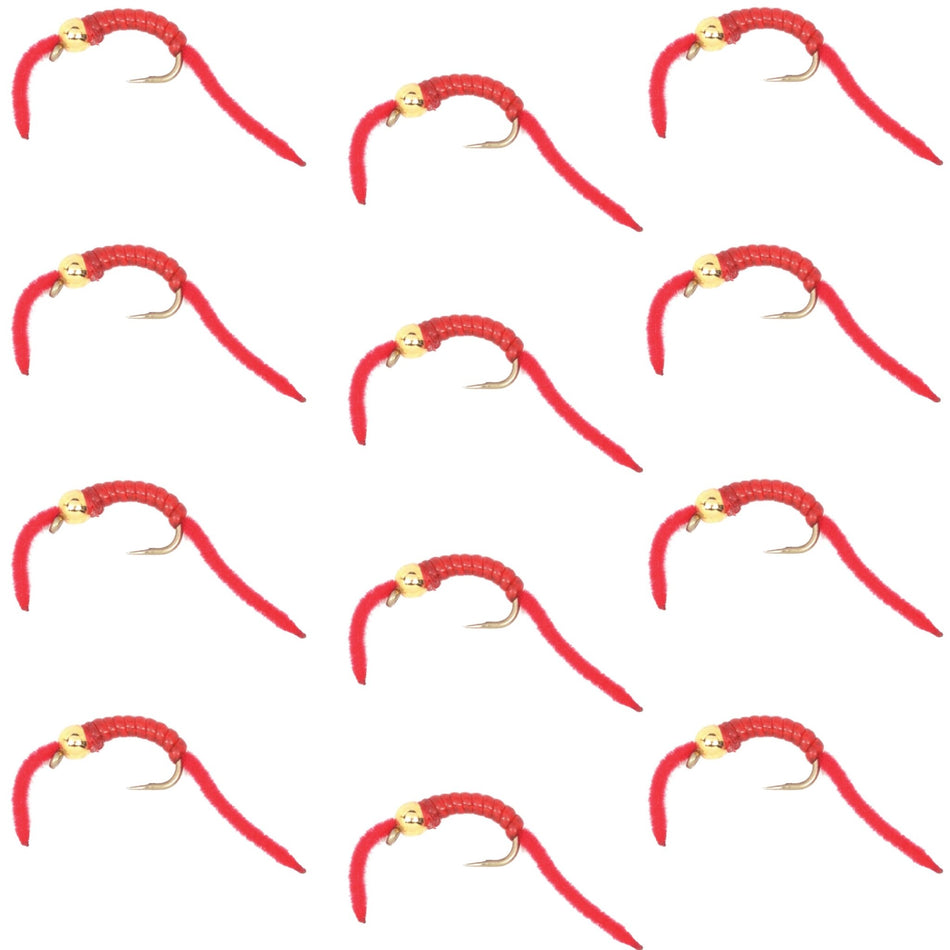 San Juan Worm Bead Head Power Worm Red V - Rib - 1 Dozen Nymph Flies Hook Size 14 - Get Tight Gear