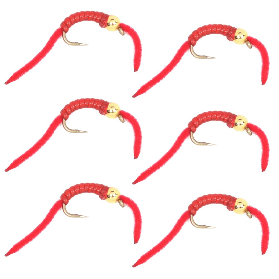San Juan Worm Flies Bead Head Power Worm Red V - Rib Set of 6 Nymphs Hook Size 10 - Get Tight Gear