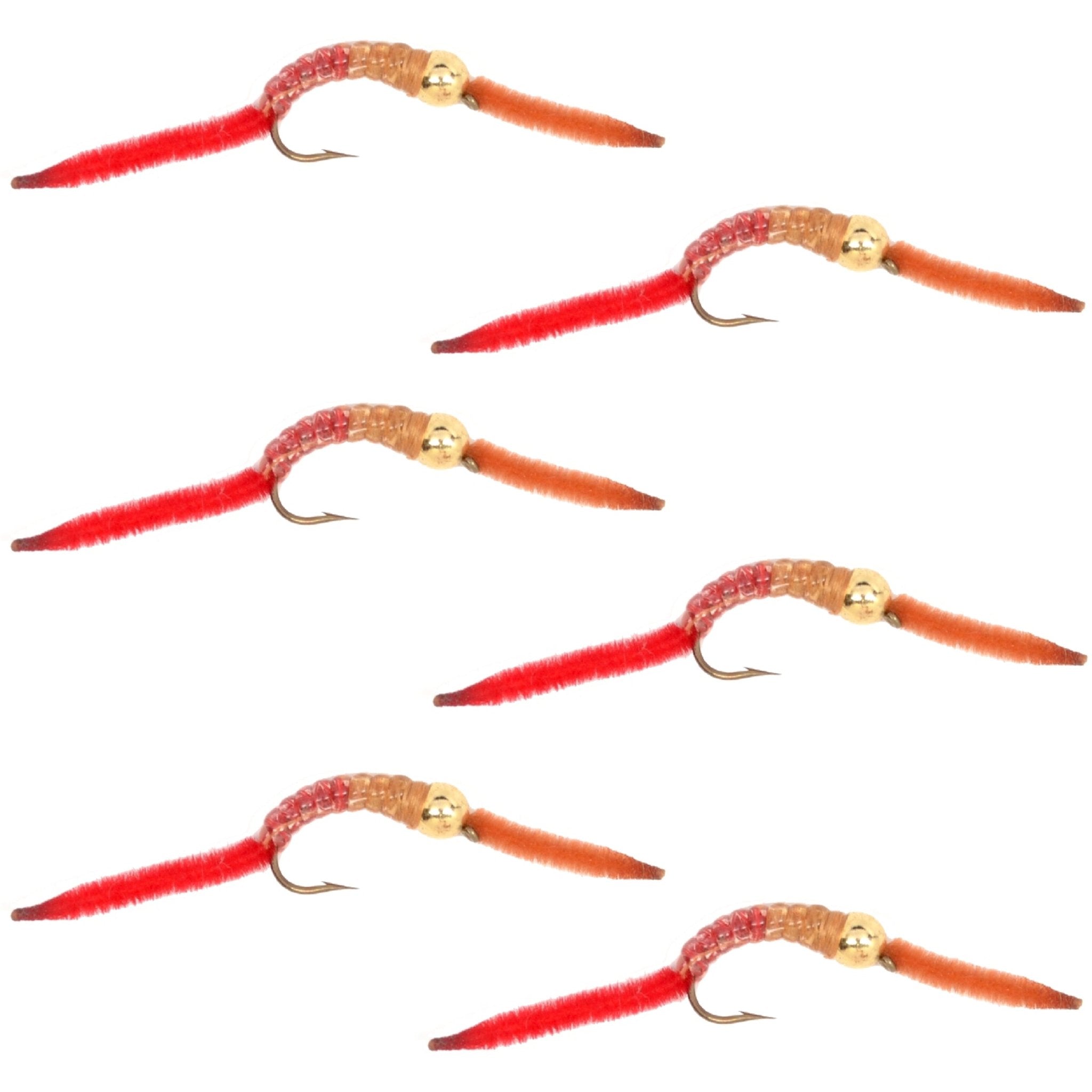 San Juan Worm Gold Bead Power Worm Half and Half - Set of 6 Nymph Flies Hook Size 10 - Get Tight Gear
