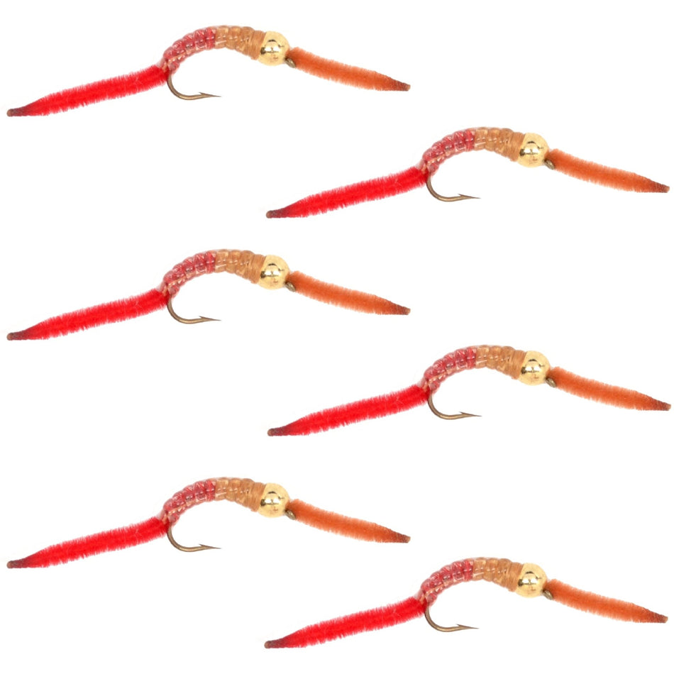 San Juan Worm Gold Bead Power Worm Half and Half - Set of 6 Nymph Flies Hook Size 14 - Get Tight Gear