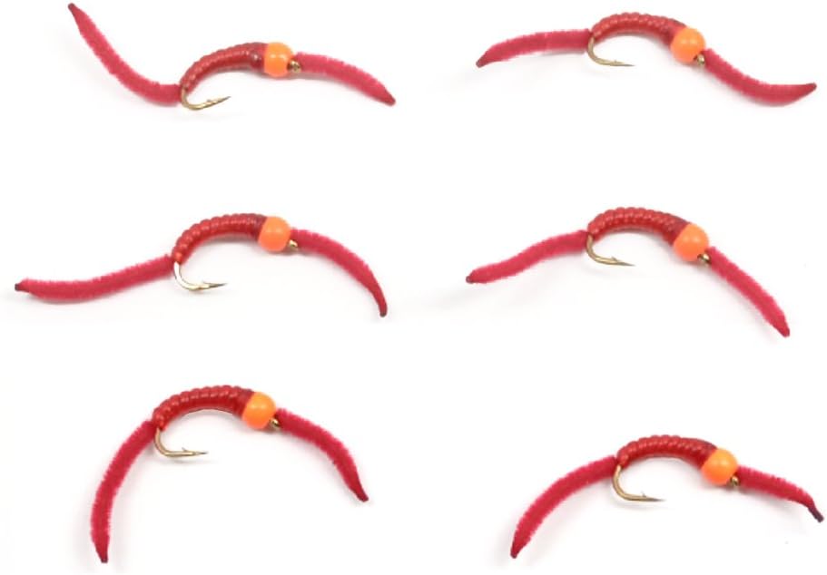 San Juan Worm Hot Orange Bead Power Worm Red V - Rib - Set of 6 Nymph Flies Hook Size 14 - Get Tight Gear