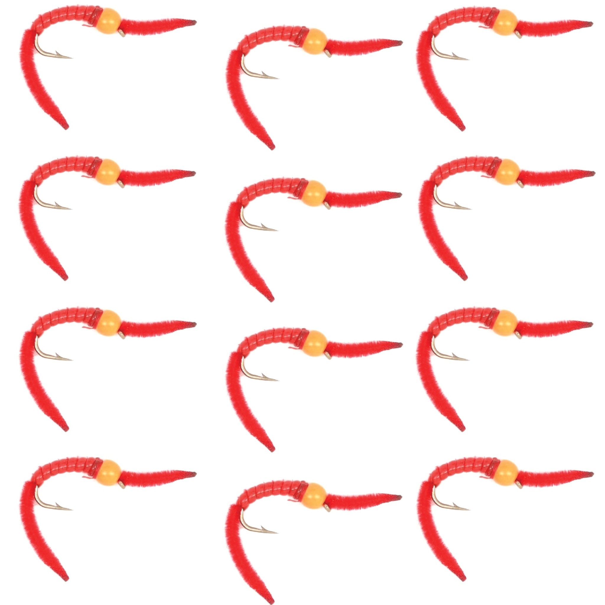 San Juan Worm Orange Bead Head Power Worm Red V - Rib - 1 Dozen Nymph Flies Hook Size 12 - Get Tight Gear