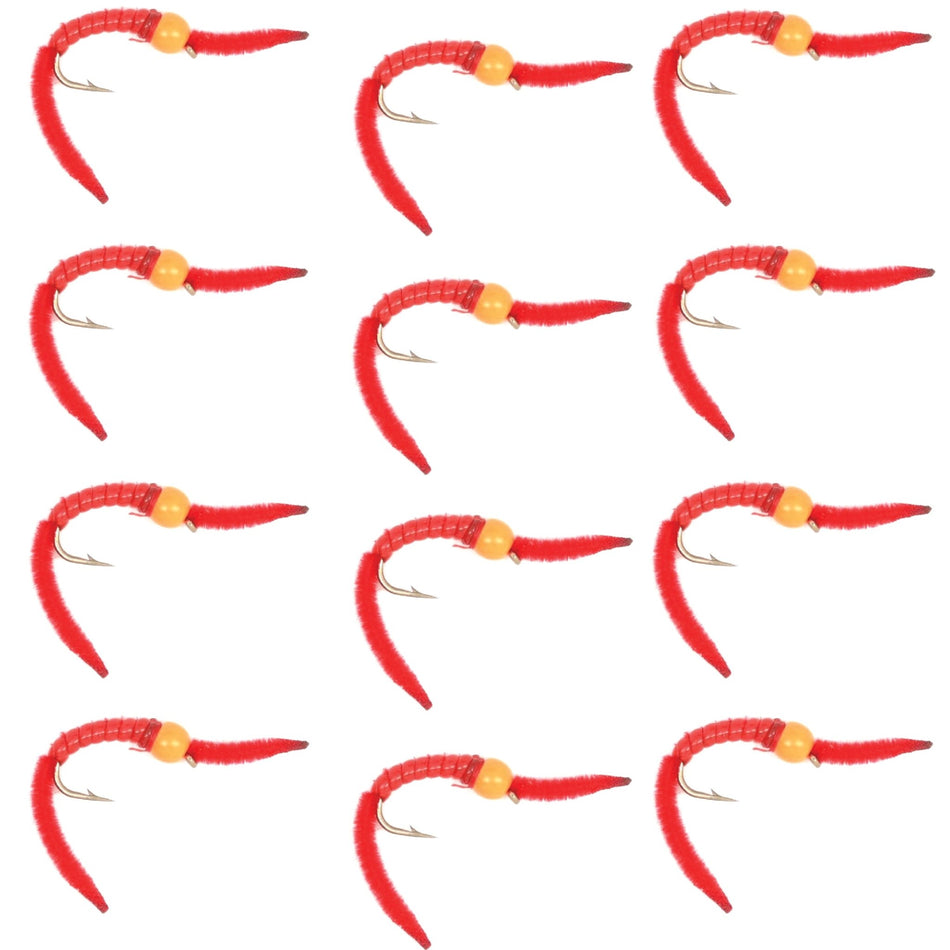 San Juan Worm Orange Bead Head Power Worm Red V - Rib - 1 Dozen Nymph Flies Hook Size 12 - Get Tight Gear