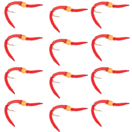 San Juan Worm Orange Bead Head Power Worm Red V - Rib - 1 Dozen Nymph Flies Hook Size 14 - Get Tight Gear