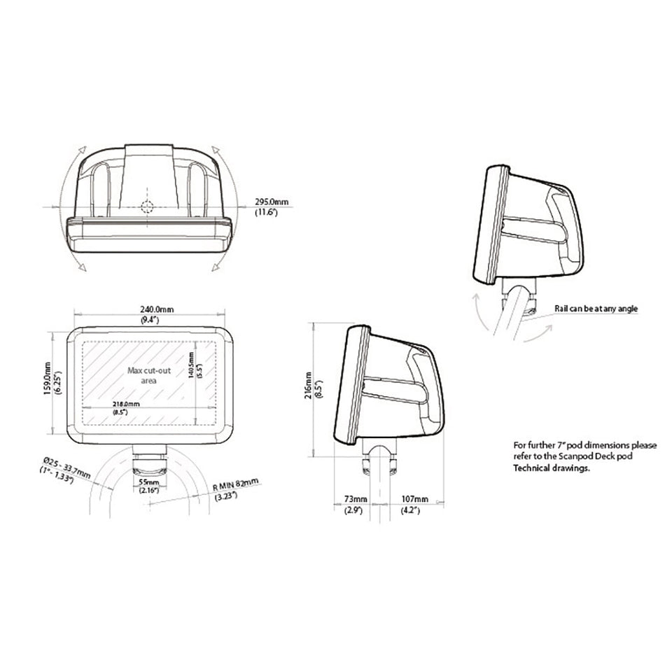 Scanstrut Scanpod 7" Helm Pod Rail Mount - Uncut - Fits 1" - 1.33" Rails - Get Tight Gear