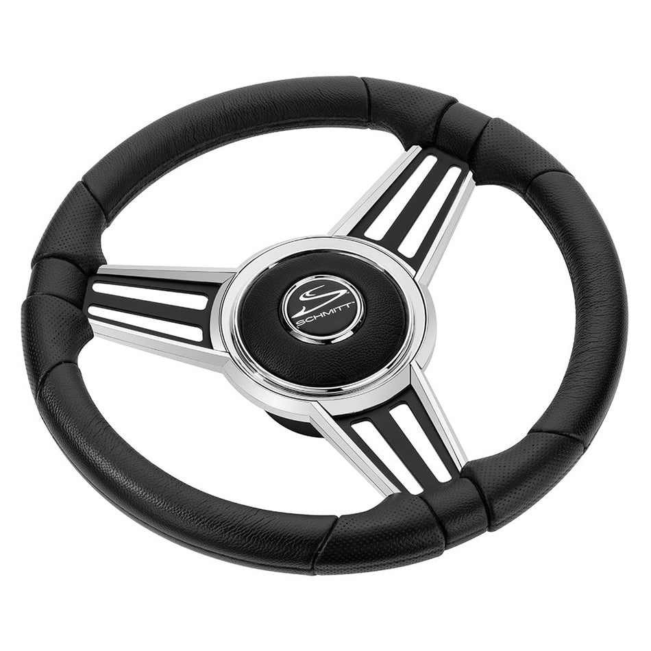 Schmitt Marine PU30 14" Wheel - Chrome Cap & Spoke Inserts - Black Spokes - 3/4" Tapered Shaft - Get Tight Gear