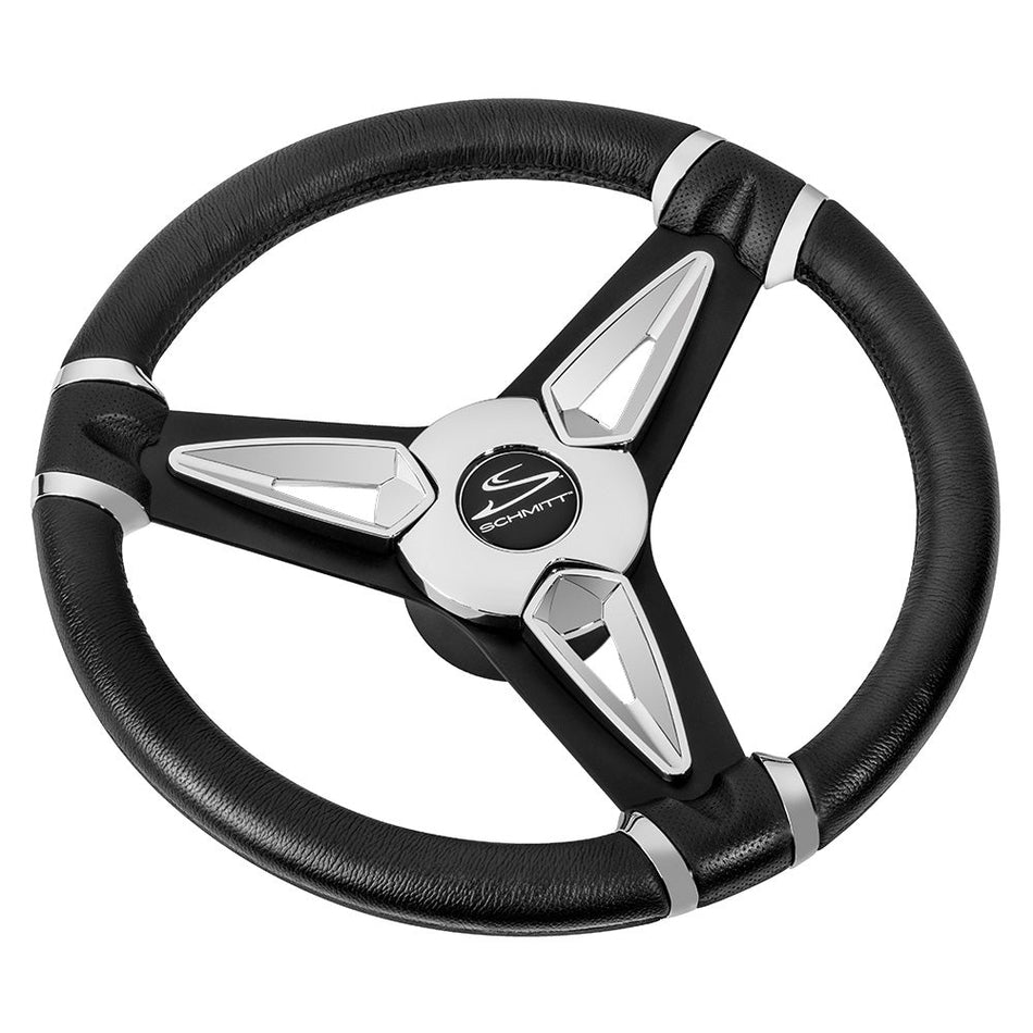 Schmitt Marine PU50 14" Wheel - Chrome Cap & Spoke Inserts - Black Spokes - 3/4" Tapered Shaft - Get Tight Gear