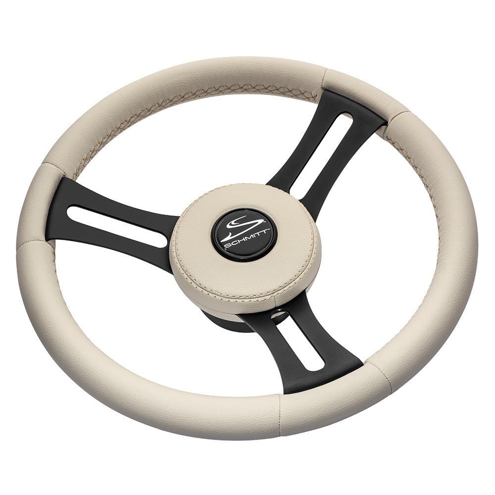 Schmitt Marine Torcello Elite 14" Wheel - Beige Leather & Cap - White Stitching - Black SS Spokes - 3/4" Tapered Shaft - Get Tight Gear