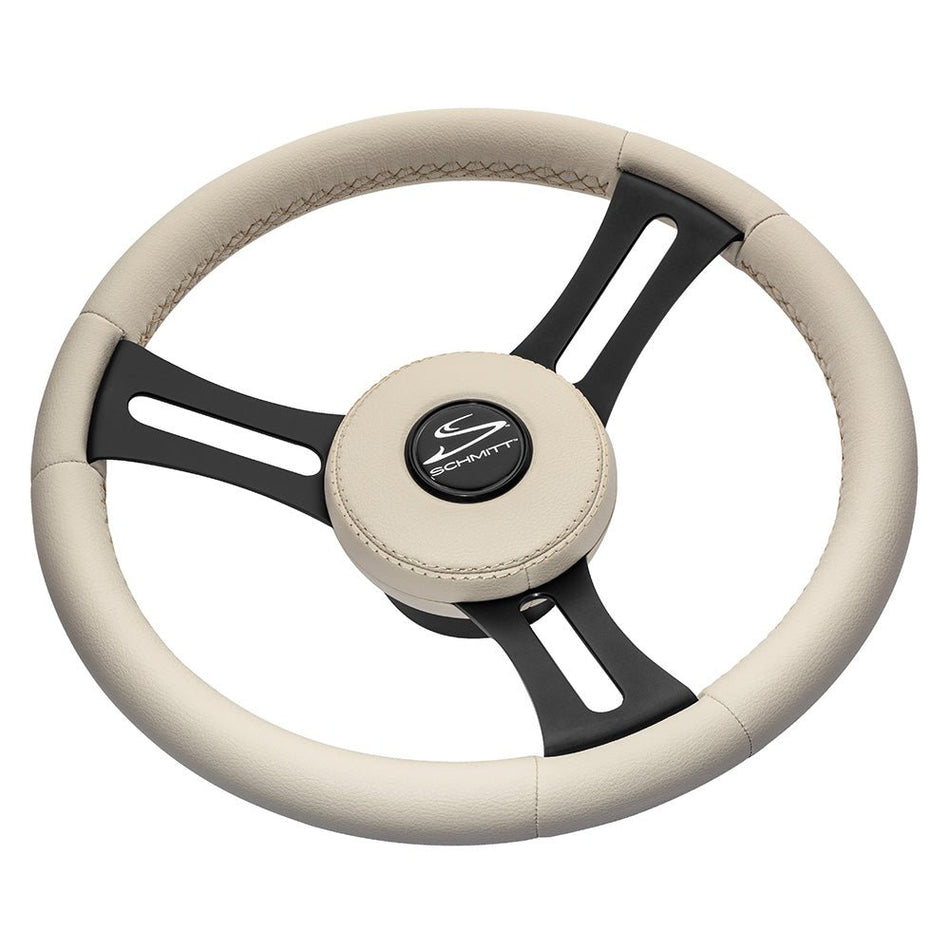 Schmitt Marine Torcello Elite 14" Wheel - Beige Leather & Cap - White Stitching - Black SS Spokes - 3/4" Tapered Shaft - Get Tight Gear