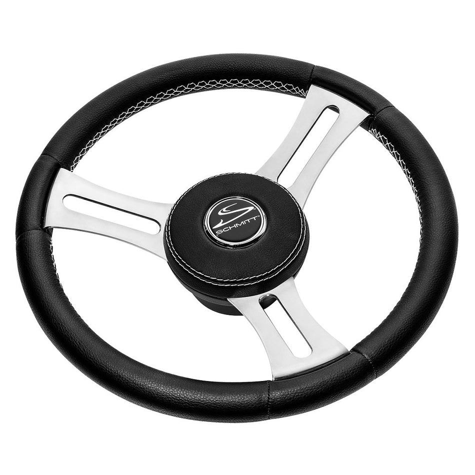 Schmitt Marine Torcello Elite 14" Wheel - Black Leather & Cap - White Stitching - Polished SS Spokes - 3/4" Tapered Shaft - Get Tight Gear