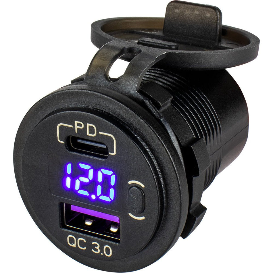 Sea - Dog Round USB & USB - C Power Socket w/Hidden Voltmeter - Get Tight Gear