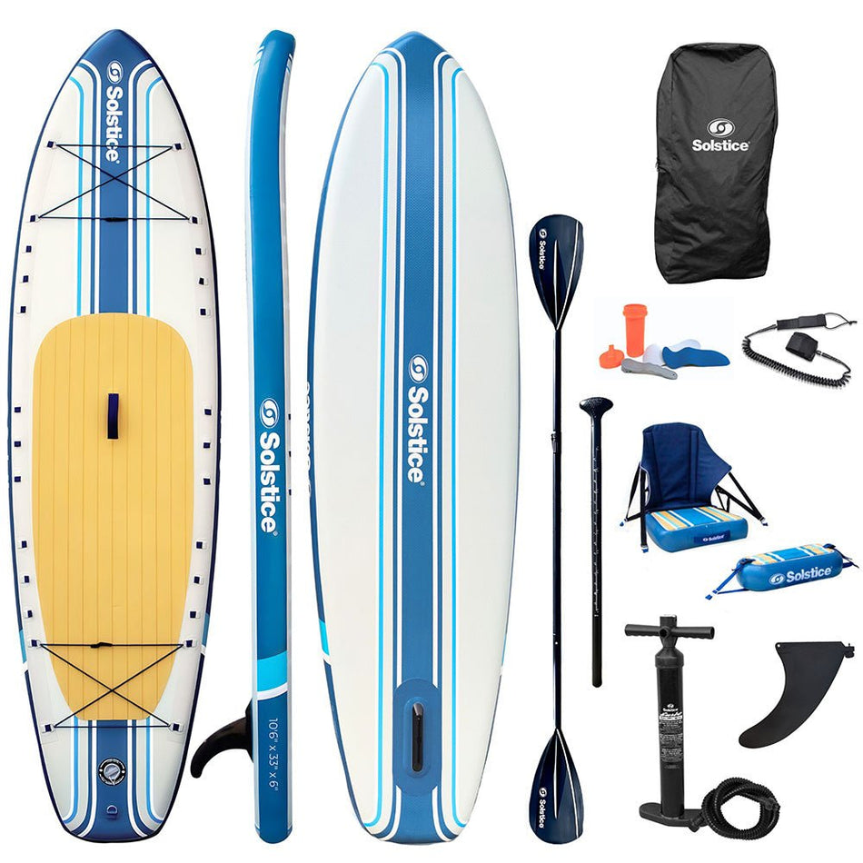 Soltice Watersports 10'6" Rambler Inflatable Stand - Up Paddleboard/Kayak 2 - In - 1 Kit w/Seat & Convertible Paddle - Blue - Get Tight Gear