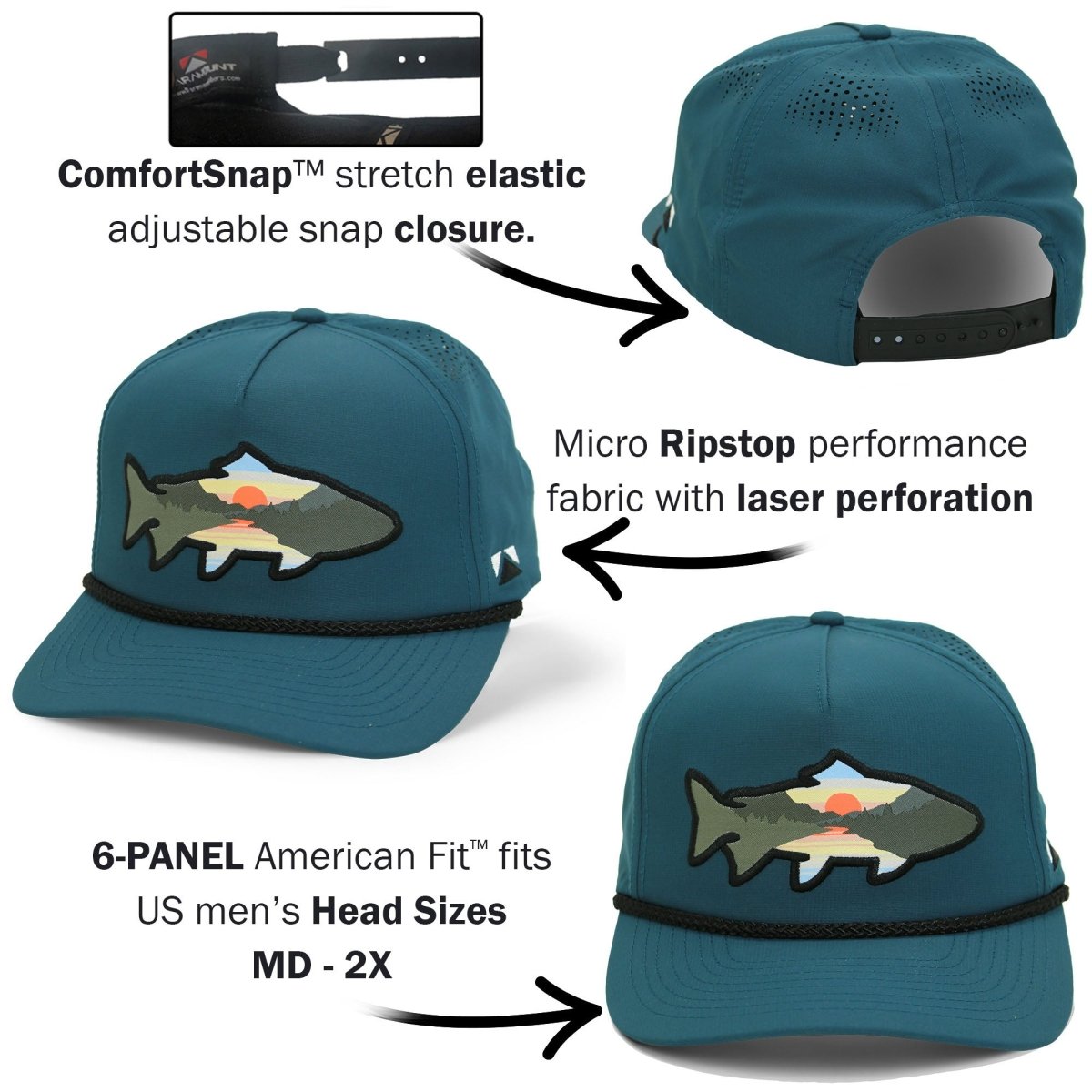 Sunset Fish Silhouette 5 - Panel Performance Rope Cap - Get Tight Gear