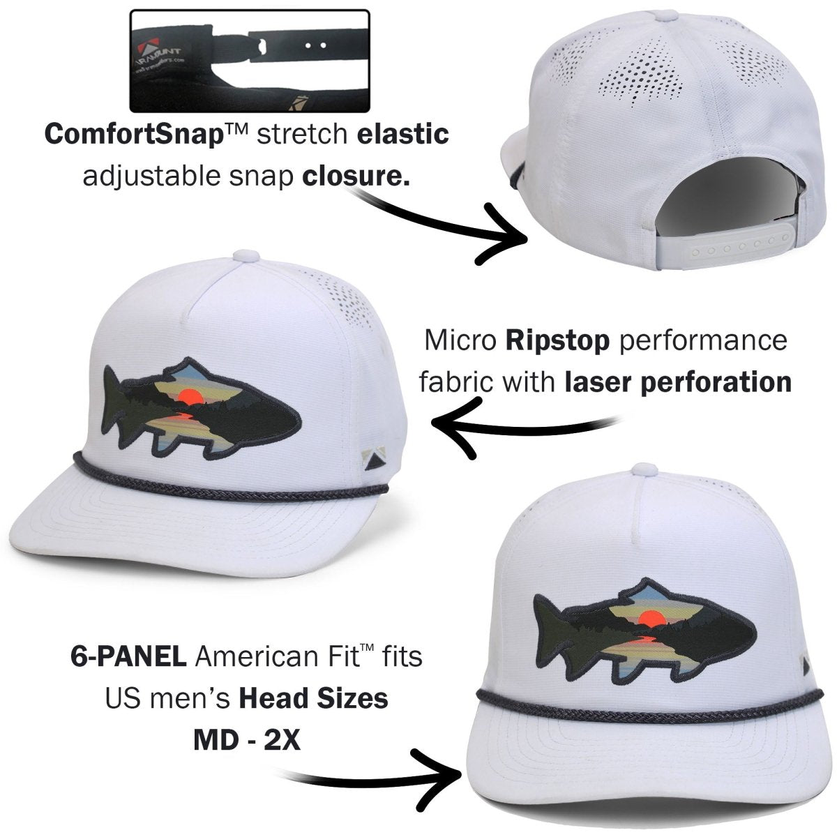 Sunset Fish Silhouette 5 - Panel Performance Rope Cap - Get Tight Gear
