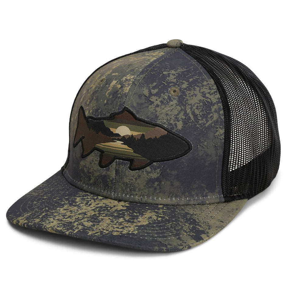 Sunset Trout Fly Fishing Mesh Back Hat Fish Mountain Silhouette - Get Tight Gear