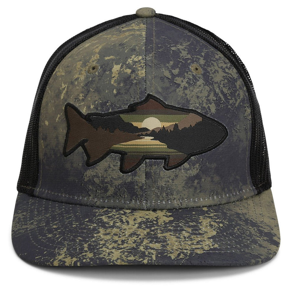 Sunset Trout Fly Fishing Mesh Back Hat Fish Mountain Silhouette - Get Tight Gear