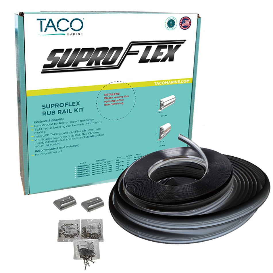 TACO SuproFlex Rub Rail Kit - Black w/Flex Chrome Insert - 2"H x 1.2"W x 80'L - Get Tight Gear