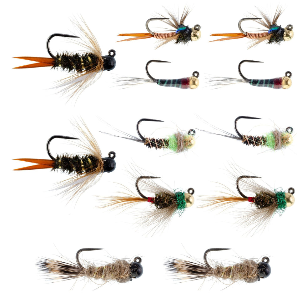 Tactical Czech Nymph Fly Fishing Flies Collection - One Dozen Tungsten Bead Euro Nymphing Fly Assortment - 2 Each of 6 Patterns - Hook Sizes 12, 14 and 16 - Get Tight Gear