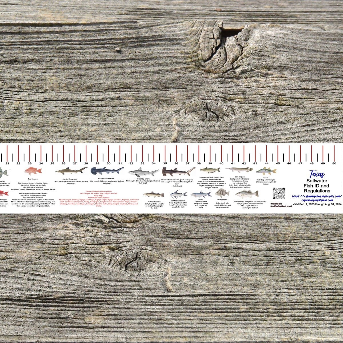 No Snow Ruler Texas TEXAS SALT WATER RULER 50 INCH FISH ID AND STATE REGULATIONS FISH RULER ...