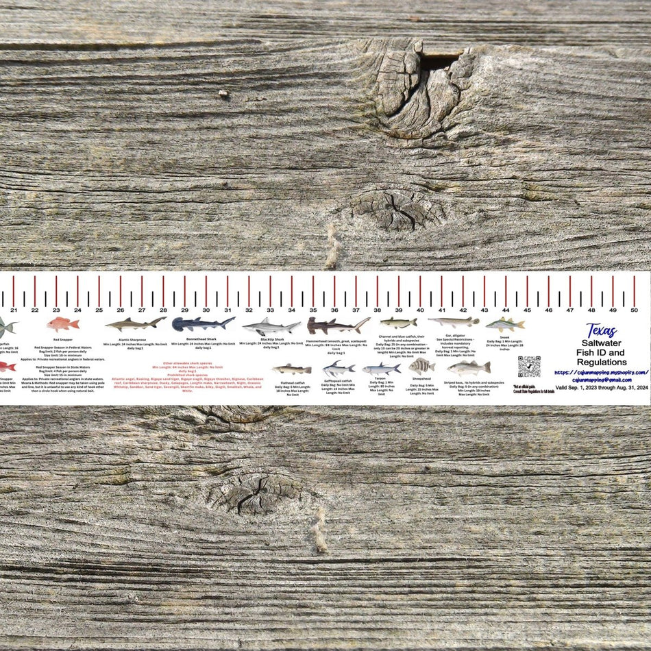 TEXAS SALT WATER RULER 50 INCH FISH ID AND STATE REGULATIONS FISH RULER DECAL - Get Tight Gear